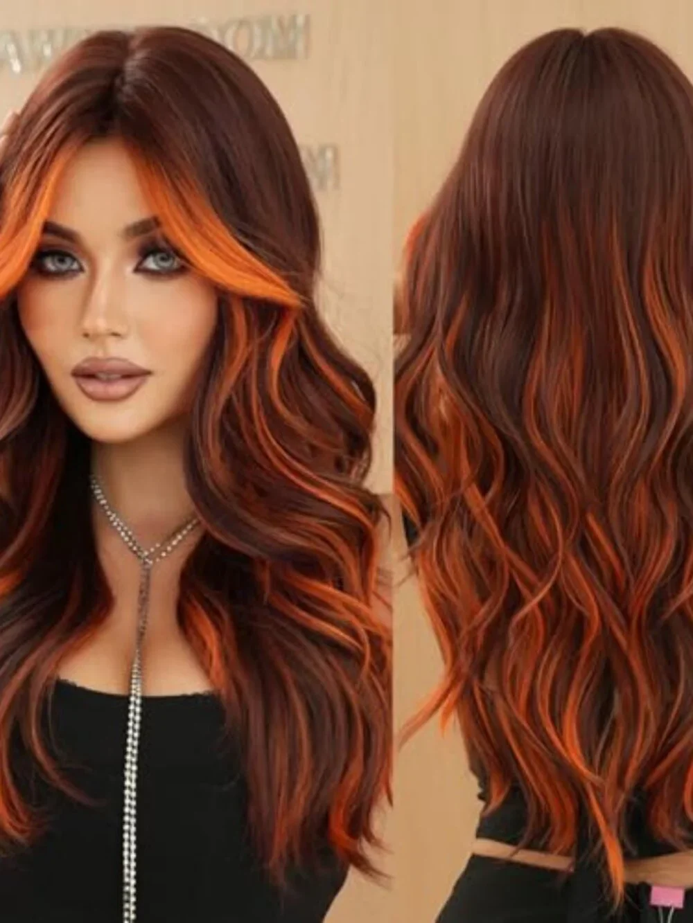 Long Wavy Ombre Orange Brown Wig with Bang 26Inch Bright Ginger Curtain Bangs